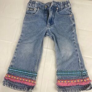 Vintage Nevada girls 2t Boho Ribbon fringe Trimmed Denim Jeans, Flare Leg